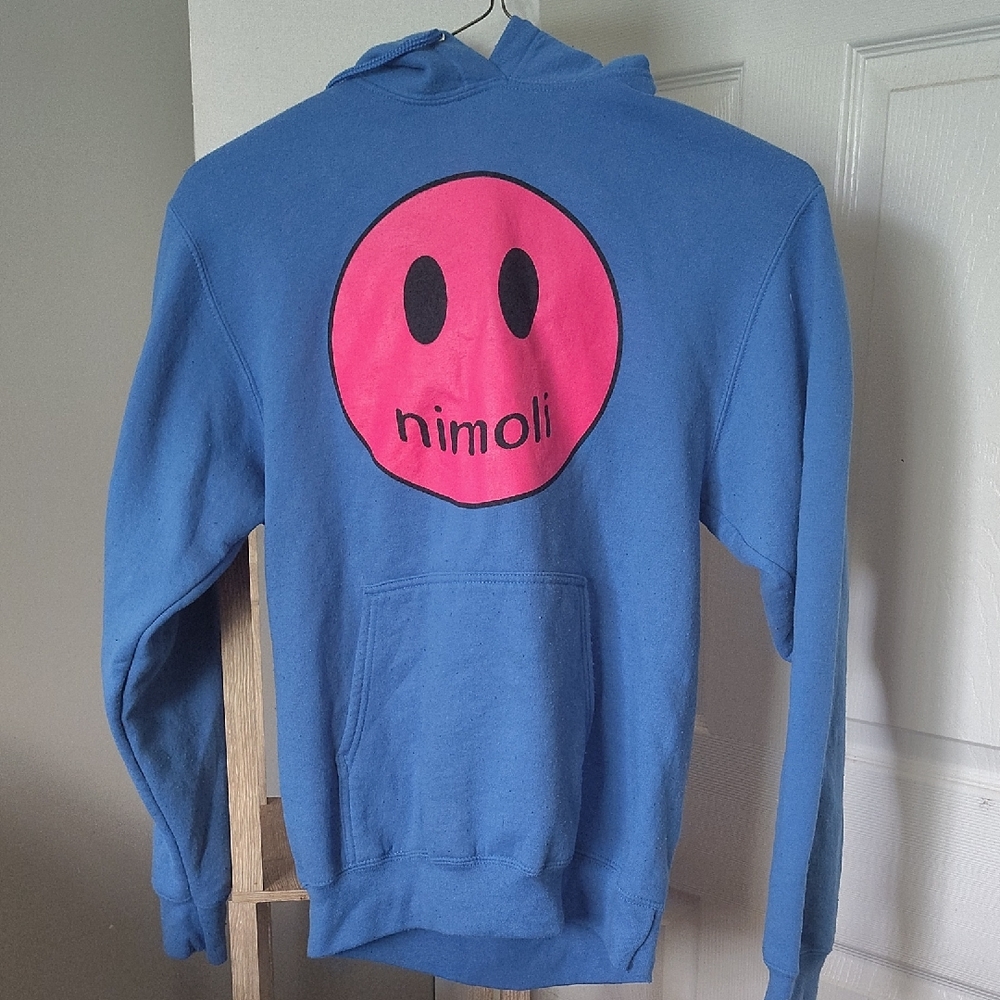 Blue Hoodie with Pink Smiley Graphic